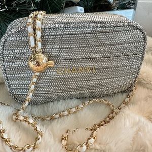 CHANEL Grey/Beige Gift Set on chain cosmetic holiday tweed bag